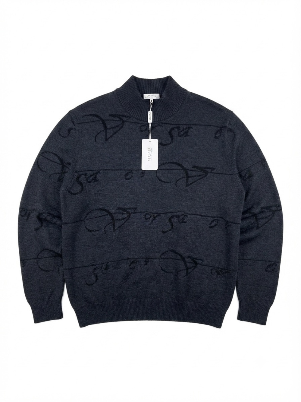 Versace Classic Men’s Charcoal Script Jacquard Wool Sweater NWT